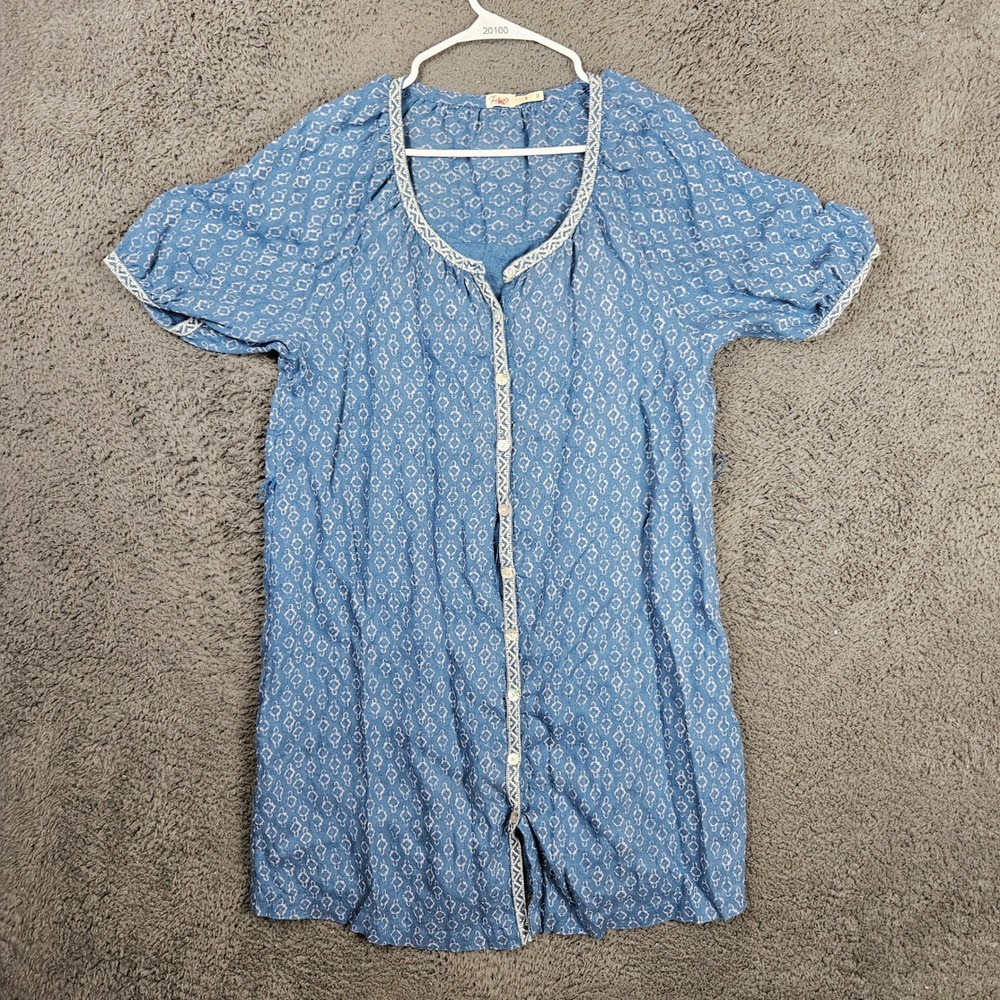 Faherty Womens Blue 100% Linen Geometric Print Button Front Short Sleeve Dress S